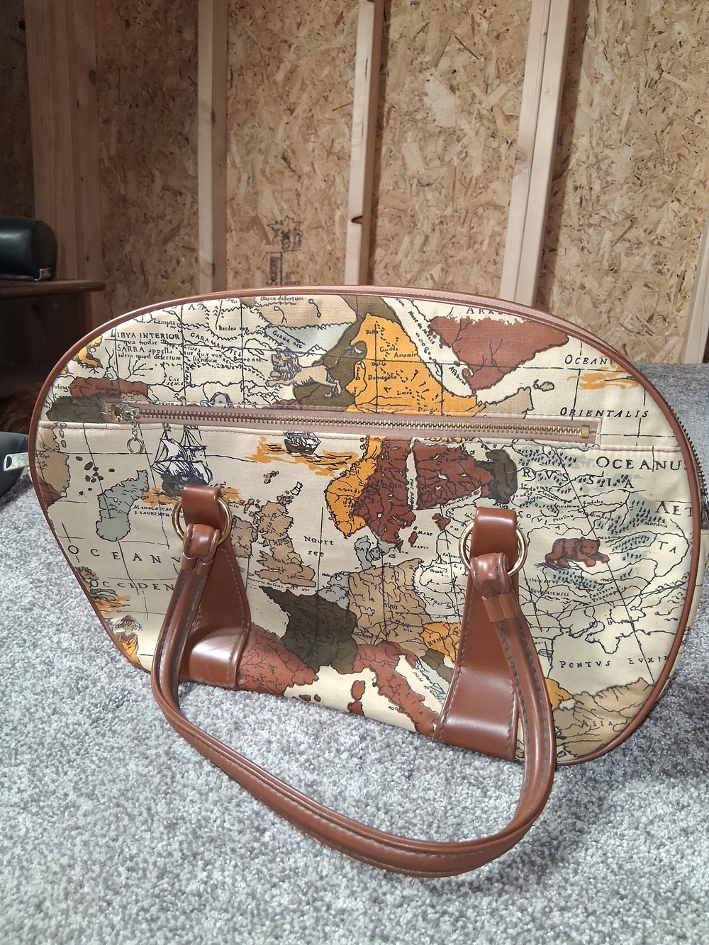 Vintage World Map Satchel Handbag - Retro Atlas Print Travel Tote - Brown Faux L